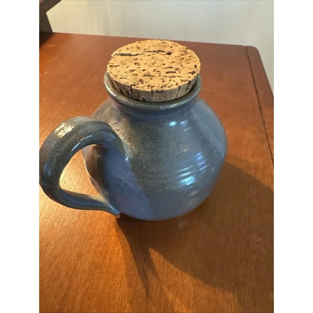 VTG small Studio Pottery jug with cork stopper semi-matte blue Stamped B‎